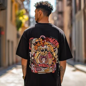 eirdo Black Oversized Chest Graphic Printed T-shirt