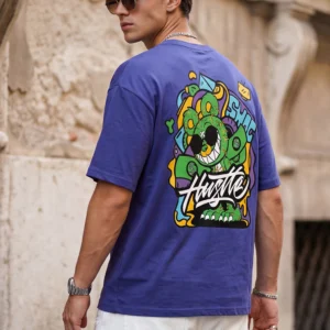 HUSTLE Blue Oversized Graphic Back Printed T-shirt
