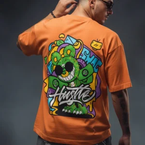 HUSTLE Orange Oversized Back Graphic Printed T-shirt